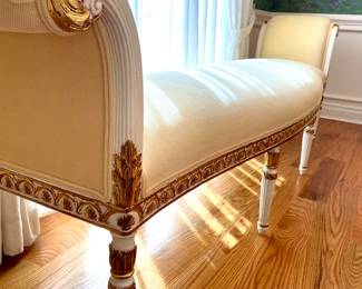 SOLD - closeup of detail - glamorous, French-inspired, hand-finished ivory sleigh bench with gold-gilded accents - 100x24x32