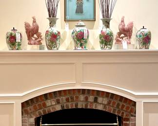 SOLD  Pair of handcrafted hand painted vintage ceramic chinoiserie ginger jars with wooden lids - 9x13; SOLD pair of hand crafted hand painted vintage ceramic chinoiserie vases - 9x18; SOLD stunning hand crafted hand painted vintage ceramic chinoiserie ginger jar in great condition - 10x18;  SOLD - silk embroidered chinoiserie cloud collar in gold 3D frame on silk background - 18x33