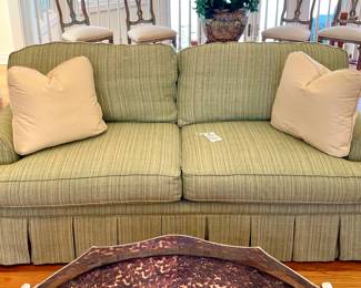 SOLD - custom-upholstered, skirted green sofa by Highland House in excellent condition - 82x38x34