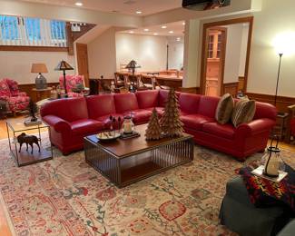 SOLD  left arm 82x35x31, corner 34x35x31, right arm 82x35x31; SOLD- large scale rug - neutral taupe main color of the rug, one condition report noted - there has been a cut created for electrical outlet but can be easily repaired - 19fx14f; Come shop the sale! So many great rustic decor items!!