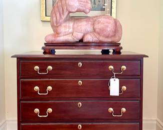 $400 - four-drawer, solid wood cabinet by Davis Cabinet Company - 37x20x31.5;    $3000 - Beautifully carved Chinese Rose Quartz Recumbent horse sculpture on a custom wood base - 25x12x19 