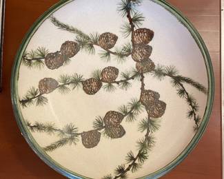 SOLD- ceramic pine cone bowl with hanging hook - 15”d