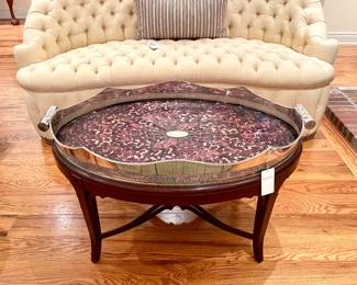 SOLD wooden cocktail table with removable silver tray with tortoise shell veneer. (Some veneer is peeling. Priced as-is) - 39x25x23