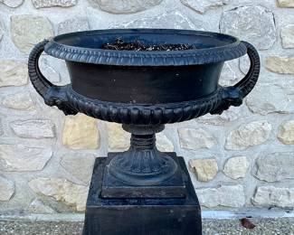 SOLD black iron urn and base