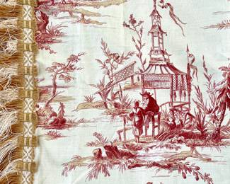 SOLD each (2 available) - custom toile Chinoiserie drape panel with elaborate trim on the side, excellent condition - 75x80