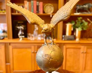 SOLD - Brass Eagle on globe sculpture, vintage, its spins!  - 21x9x24