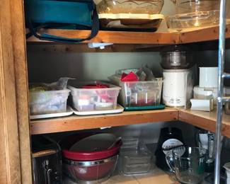 Cookie Cutters, processors, baking dishes, crock pots, carriers, bowls, measuring bowls and pitchers