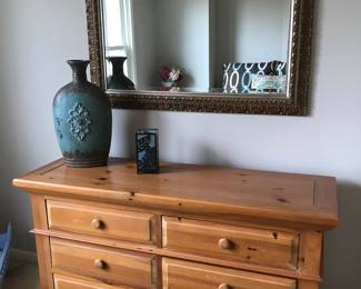 Pine 6 Drawer Dresser. Nice beveled mirror. More ceramic Decor