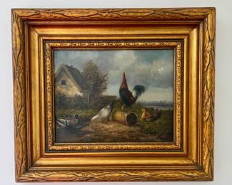 "Chickens" Oil on Canvas, Signed