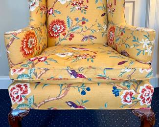 Custom Upholstered Armchair - Yellow Fabric with Birds and Flowers - very nice condition!