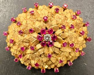 18K Oval Pin with Rubies & Diamonds