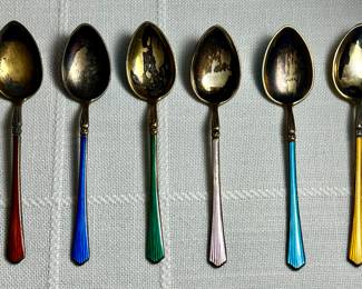(6) Sterling & Enamel Spoons