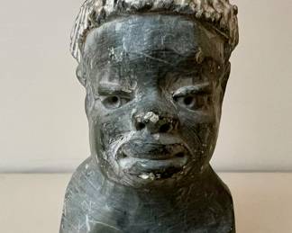 Carved Figural Head, Signed 