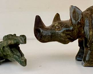 Carved Verdite (South Africa) Alligator & Carved Stone Rhino