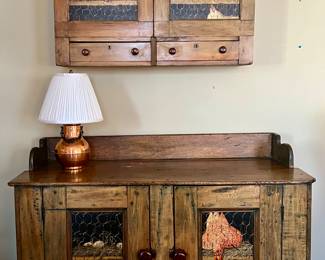 Tom Rose Antique Hand Painted Tromp L'oeil Two Drawer Cabinet & Hanging Wall Cabinet 