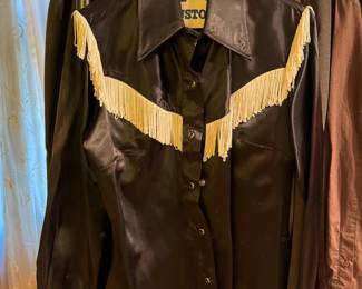 1970's Black Satin Cowgirl Shirt with White Fringe