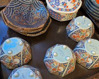 Set of 5 Hexagonal Japanese Rice Bowls, Japanese Imari Porcelain Trinket Box