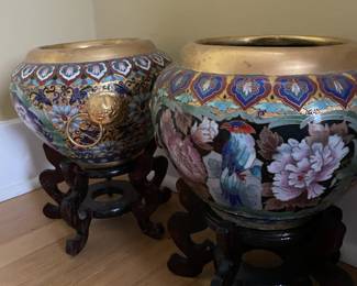 Two Chinese Cloisonne Enamel Gold Gilt Jardinieres with Stands