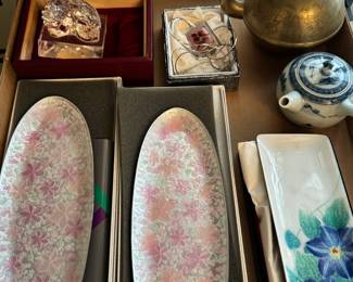 Two Floral Oval Porcelain Platters, Blue/White Floral Rectangular Trinket Tray