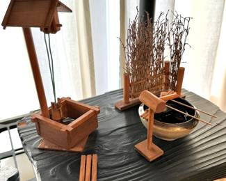 Wooden Wishing Well Decoration, Brass Music Bowl