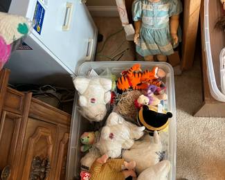 Vintage dolls, stuffed animals and in the bag Coca Cola bears 