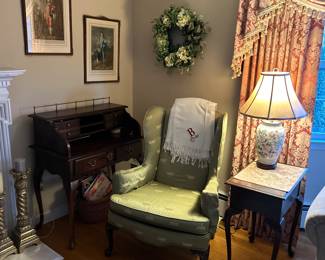 ANTIQUE DESK, WING CHAIR, TABLE AND ASIAN LAMP