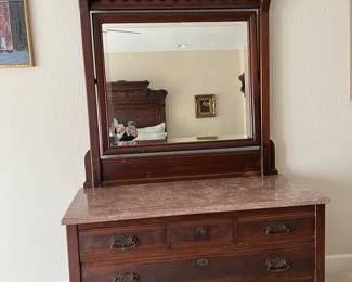 Antique Bed, mirrored marble top wash stand and Marble top dresser set 