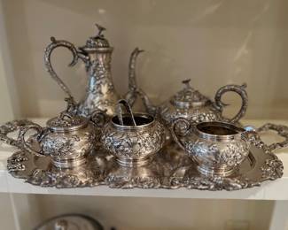 Sterling Repousse tea service.  Tray is silver plate 