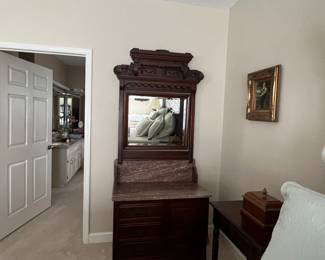 Antique Bed, mirrored marble top wash stand and Marble top dresser set 