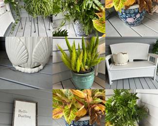 Planters, plants and garden bench