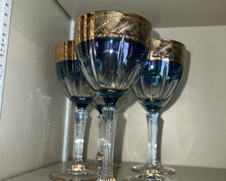 Set 5 light blue cut to clear goblets with heavy Embossed Gilt Band