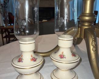 Porcelain Candle holders with etched glass hurricane Globes