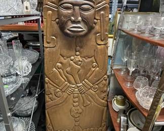 Mayan tall carved storage cabinet