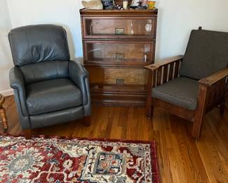 Morris Chair, Recliner and 3-stack Barrister Glass Door Bookcase