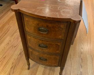 #65 3 Drawer End Table w/burl wood Front Drawers (as is top watermarks) - 15x13x28 $125.00