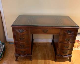 #35 Antique Wood Knee-hole Desk w/9 Curved drawer & leather top w/glass protect top - 42x22x29 $125.00