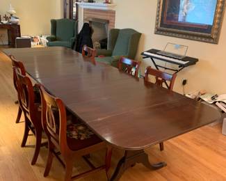 #5 Duncan Phyfe Drop-Side Table w/5 leaves & Brass Ball & Claw Feet and 6 needlepoint harp-back chairs - 24-123 $250.00