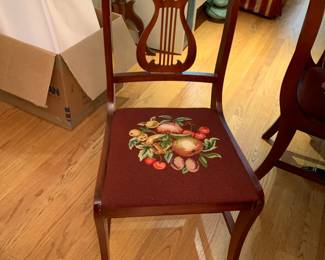 #5 Duncan Phyfe Drop-Side Table w/5 leaves & Brass Ball & Claw Feet and 6 needlepoint harp-back chairs - 24-123 $250.00
