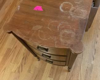 #65 3 Drawer End Table w/burl wood Front Drawers (as is top watermarks) - 15x13x28 $125.00
