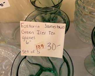 #129 Fostoria Jamestown Green Ice tea Glasses = 6" Set of 5 $30.00