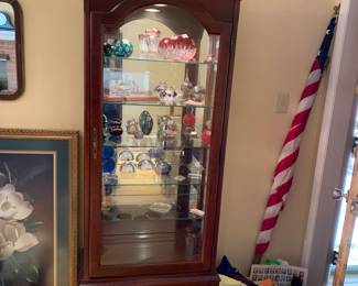 #34 Wood 6 shelf Display Cabinet on q/a Legs - lighted - w/1 door opens front 25.5x14x78 $175.00