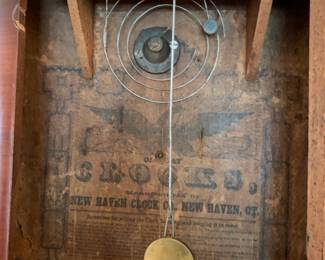 #40 Wood Wall Clock w/eagle painted on front Glass w/flag - New Haven Clock Co. - (has side weights) - 15.5Wx25Tx4D $125.00