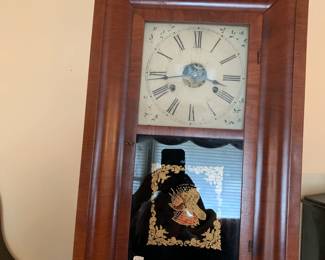 #40 Wood Wall Clock w/eagle painted on front Glass w/flag - New Haven Clock Co. - (has side weights) - 15.5Wx25Tx4D $125.00