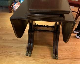 #5 Duncan Phyfe Drop-Side Table w/5 leaves & Brass Ball & Claw Feet and 6 needlepoint harp-back chairs - 24-123 $250.00