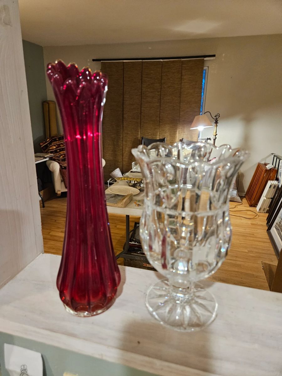 $25 Red Swung vase face, $10 Block leaded crystal vase