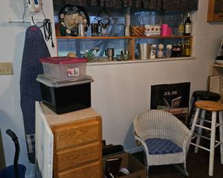 $30 4 drawer Oak cupbard, $16 Wicker childs chair, $6 ea bar stools