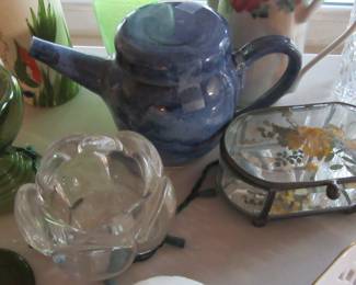FOS blue teapot, casket, and more