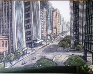 40" x 50" oil on canvas. Corner of 6th and Fliwer. Downtown LA. Signed "Carrere". There are 2 by Carrere!