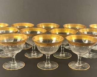 Set Of 12 Coupe Champagne Glasses With Gold Rims, Circa 1940