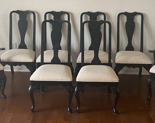 Set Of 8 Ethan Allen Queen Anne Style Ebonized Dining Chairs